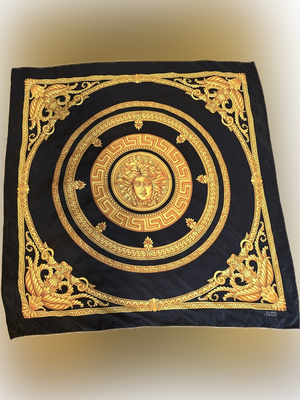 Versace Black and Gold Medusa Silk Scarf